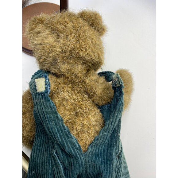 Vintage Boyd’s Teddy Bear In Green Corduroy Overalls On Wooden Stand 10” - Picture 10 of 12